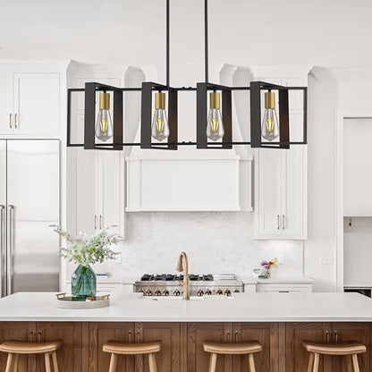 4-Light Black Rectangular Farmhouse Chandelier, 31.4inch Kitchen Island Pendant Light, Industrial Metal Linear Hanging Lighting Fixture for Dining Room, Living Room, Over Table, Foyer, Bar