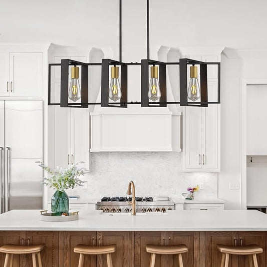 4-Light Black Rectangular Farmhouse Chandelier, 31.4inch Kitchen Island Pendant Light, Industrial Metal Linear Hanging Lighting Fixture for Dining Room, Living Room, Over Table, Foyer, Bar
