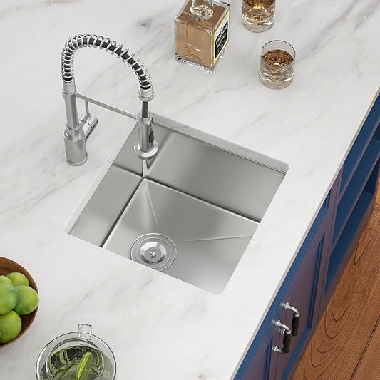 17x17 in Undermount Bar Sink Square Wet Bar Prep Sink Stainless Steel 16 Gauge Single Bowl Undermount Deep Kitchen Rv Outdoor Garage Sink Basin
