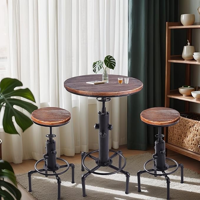 Kitchen Table Set, 3 Piece Pub Table Set, Modern Round bar Table and Stools for 2, Bistro Bar Height Table Industrial Bar Stools Height Adjustable Easy Assemble for Kitchen Dining