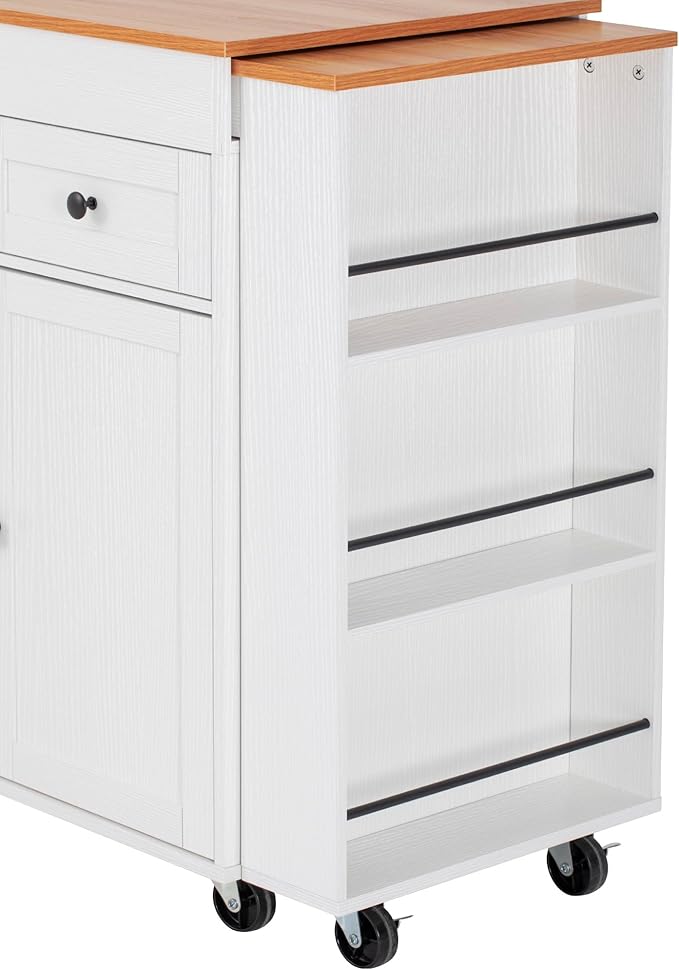 85.5" Kitchen Island with Extendable Dining Table & Power Outlet, Rolling Cart with 3 Drawers, 2 Doors & 3 Open Shelves, Mobile Storage Table for Kitchen and Dining Room (85.5"+White+Natural)