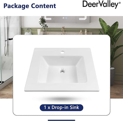 DeerValley Rectangle Drop-In Bathroom Sink 21x18 Inch, White Ceramic Vessel with Overflow and Pre-Drilled Faucet Hole