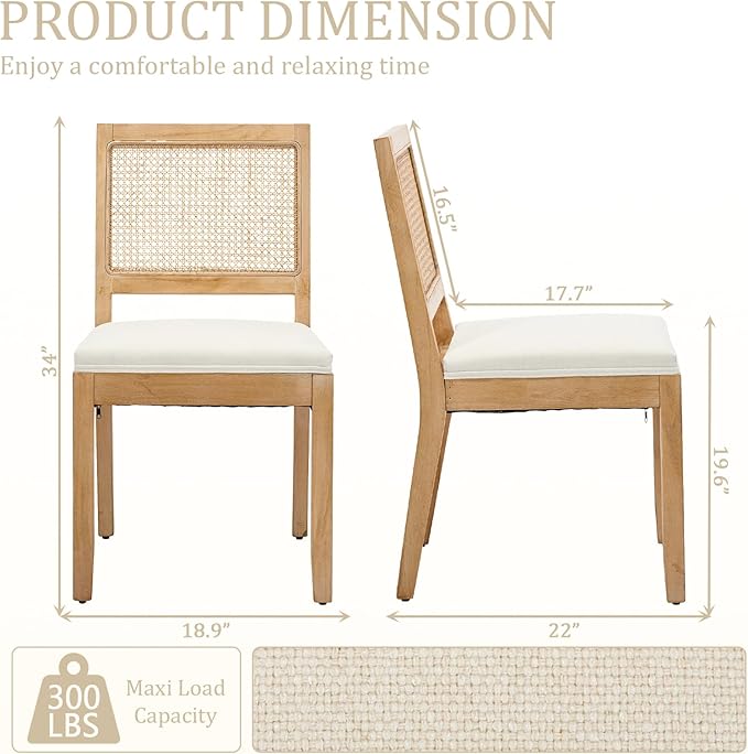 Modern Wooden Dining Chair Set of 4, Farmhouse Kitchen & Dining Room Chair with Solid Wood Legs, Rattan Upholstered Kitchen Chairs for Restaurant/Living Room (Beige, Set of 4)