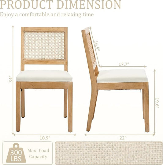 Modern Wooden Dining Chair Set of 4, Farmhouse Kitchen & Dining Room Chair with Solid Wood Legs, Rattan Upholstered Kitchen Chairs for Restaurant/Living Room (Beige, Set of 4)