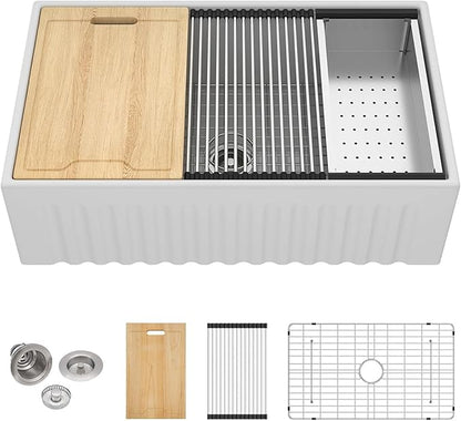 White Farmhouse Sink Fireclay Workstation Apron Front Farmer Kitchen Sink Reversible 30"x20" Undermount Single Bowl Kitchen Sink with Accessories