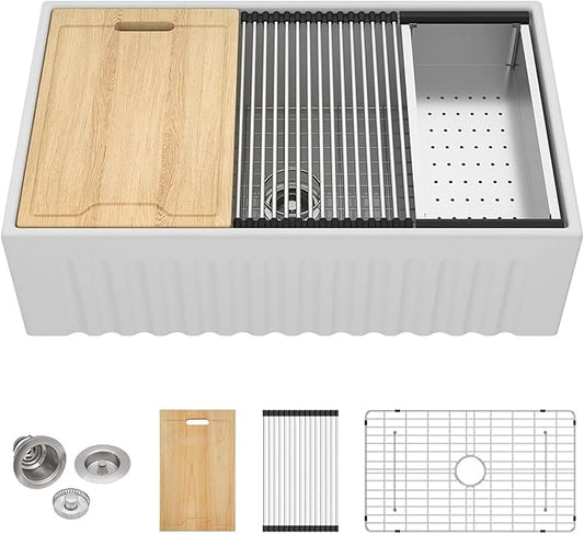 White Farmhouse Sink Fireclay Workstation Apron Front Farmer Kitchen Sink Reversible 30"x20" Undermount Single Bowl Kitchen Sink with Accessories