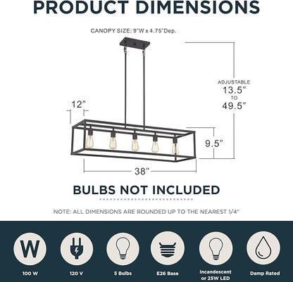Quoizel New Harbor Linear Chandelier, 38 Inch 5-Light Western Bronze Open-Frame Pendant Lights, 100W, Max Adjustable Height 50", Island Chandelier for Kitchen, Over the Dining Table or Living Room