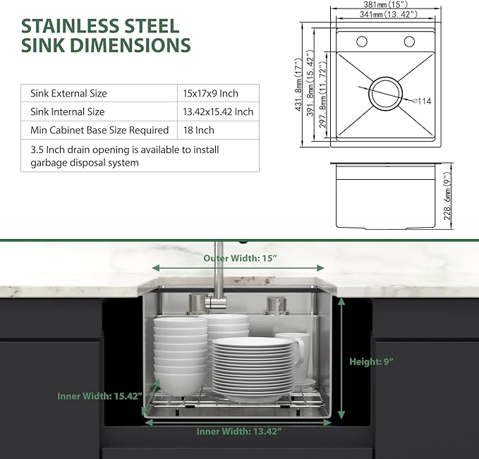 15 x 17 Inch Outdoor Sink Undermount RV Sink Workstation 16 Gauge Stainless Steel Single Bowl Handmade Outdoor Kitchen Sinks With Folding Faucet 15"x17"x9"