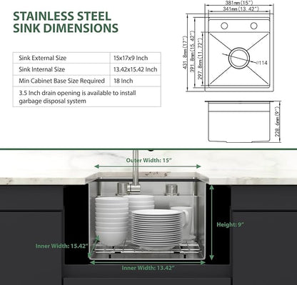 15 x 17 Inch Outdoor Sink Undermount RV Sink Workstation 16 Gauge Stainless Steel Single Bowl Handmade Outdoor Kitchen Sinks With Folding Faucet 15"x17"x9"