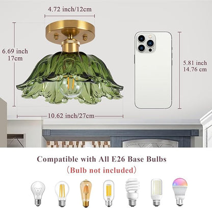Semi Flush Mount Ceiling Light, Vintage Ceiling Light 11", Green Shade Glass Light Fixture for Kitchen Bedroom Dining Room,Bulb not Included