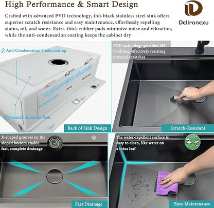 33x19 Black Kitchen Sink Drop In - 33 Inch Drop In Kitchen Sink Workstation, Black Stainless Steel Sinks, 16 Gauge Single Bowl Top Mount Workstation Sinks by Delironexu with 6 Accessories