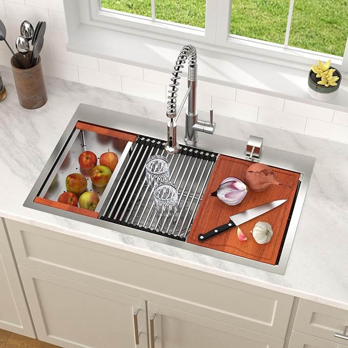 Dcolora 33x19 Kitchen Sink Drop In with Workstation Handed-Welding 16 Gauge 304 Stainless Steel Large Single Bowl Drop In Sink Top mount Brushed Nickel, #DC-T7764