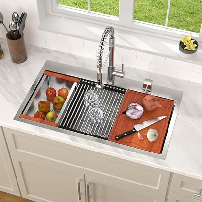 Dcolora 33x19 Kitchen Sink Drop In with Workstation Handed-Welding 16 Gauge 304 Stainless Steel Large Single Bowl Drop In Sink Top mount Brushed Nickel, #DC-T7764