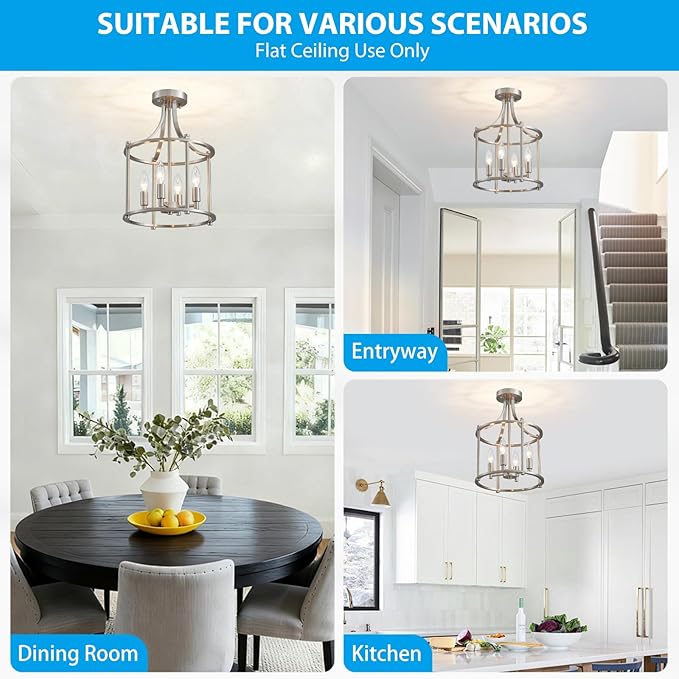 XINGQI Brushed Nickel Semi Flush Mount Ceiling Light Fixture Modern 4 Light Round Small Mini Chandelier Cage Ceiling Lights for Entryway Foyer Hallway 12" Geometric Dining Room Chandelier