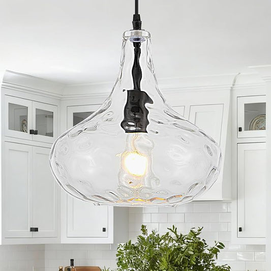 Black Glass Pendant Light Hand-Blown Hammered Glass Shade 11inch Large Modern Pendant Lighting Fixtures for Kitchen Island 1 Light Ceiling Hanging Light for Kitchen Sink Dining Room Hallway, UL Listed
