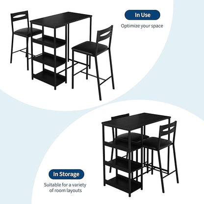 GarveeHome 3-Piece Kitchen Table Set with Storage Shelves & 2 Upholstered Chairs - Iron and Wood Dining Table for Small Spaces, Apartments, Condos, Black
