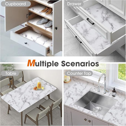 Drawer and Shelf Liner, Non-Slip Kitchen Cabinet Liners Non-Adhesive Thick Strong Grip Waterproof Washable Mats Protect Dresser Shelves Cupboard Bathroom Cabinets, White Marble, 12 in X 30 FT