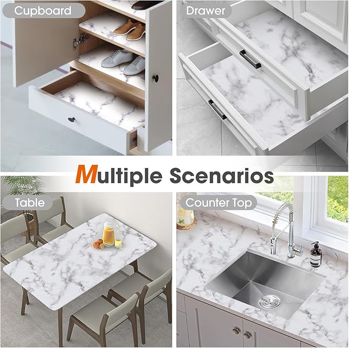 Drawer and Shelf Liner, Non-Slip Kitchen Cabinet Liners Non-Adhesive Thick Strong Grip Waterproof Washable Mats Protect Dresser Shelves Cupboard Bathroom Cabinets, White Marble, 18 in X 30 FT