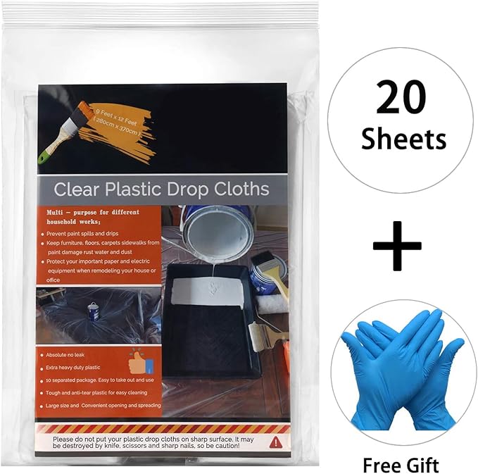 20 Piece Painter Plastic Drop Cloths, Waterproof Anti-dust Furniture Cover, 9x12 Feet Disposable Tarp for Painting and Couch Cover