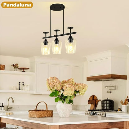 3-Light Pendant Lights Kitchen Island Lighting Fixtures Black Linear Chandelier Dining Room Light Fixture Ceiling Hanging Modern Kitchen Chandeliers Over Table with Clear Glass Shades