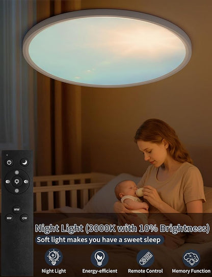 16 Inch Flush Mount Ceiling Light with Blue Sky Cover, Dimmable Ceiling Lamp with Remote, 32W LED Lighting Fixtures Sunlight Effect, Modern Slim Design for Classroom Bedroom Living Room, Round White