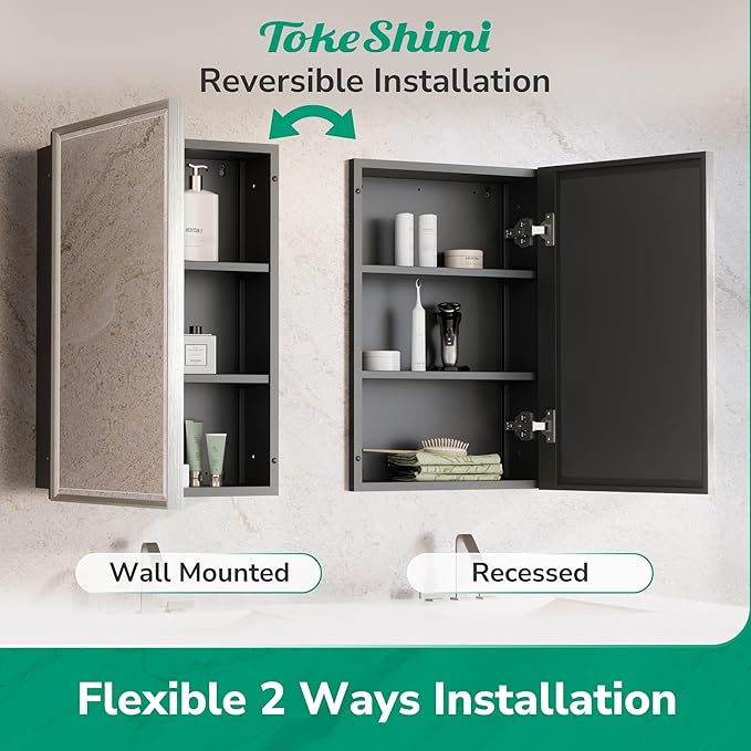 TokeShimi 24x26 Beveled Mirror Medicine Cabinet Recessed, Aluminum Framed Metal Brushed Nickel Medicine Cabinet with Mirrored, Bathroom Mirror with Adjustable Storage and Quiet Hinge