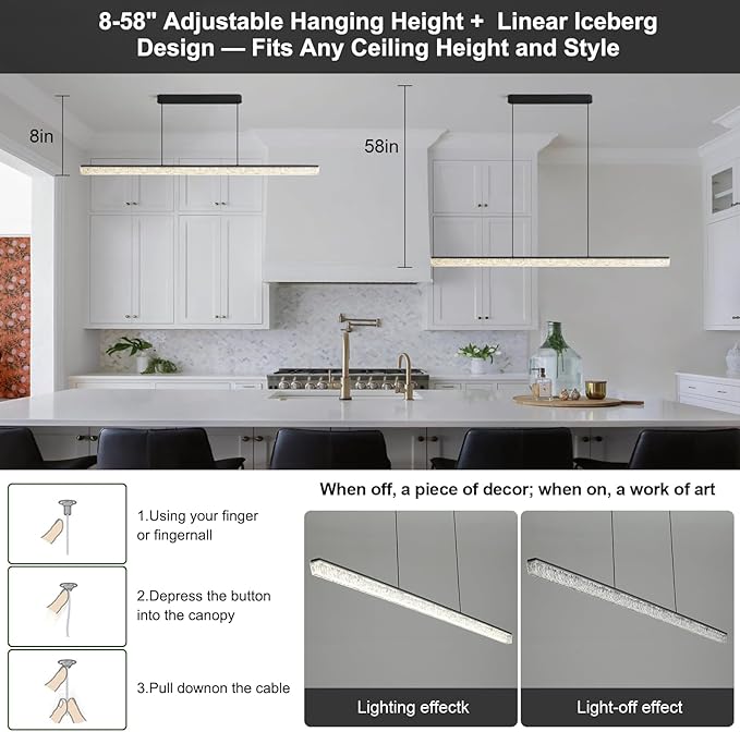 Modern LED Linear Pendant Light, 47” Dimmable Chandelier with APP & Remote Control, Ice-Crack Acrylic, Adjustable Height, 3000K–6000K Kitchen Island Lighting for Dining Room & Office – Black