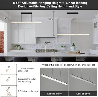 Modern LED Linear Pendant Light, 47” Dimmable Chandelier with APP & Remote Control, Ice-Crack Acrylic, Adjustable Height, 3000K–6000K Kitchen Island Lighting for Dining Room & Office – Black