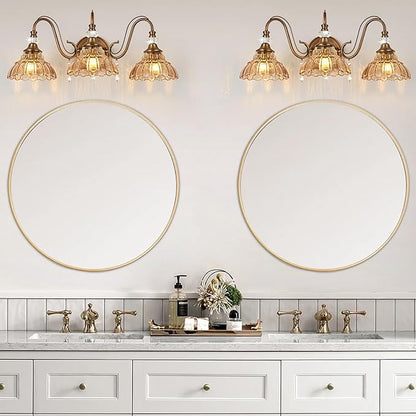 Vintage Bathroom Vanity Light, 3-Light Matte Antique Brass Finish Wall Sconce with Hanging Crystal Accents and Flower-Shaped Amber Glass Shades, Retro Wall Mount Vanity Light Over Mirror for Bathroom