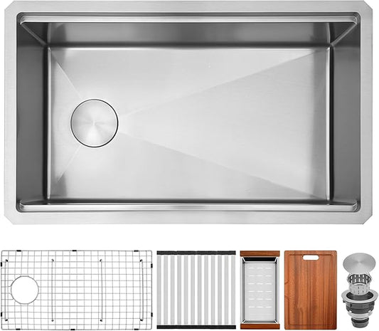 Undermount Kitchen Sink 33 inch,16 Gauge Stainless Steel Workstation Sinks,Deep and Large Single Bowl Kitchen Sink Offset Drain (33" X 18")