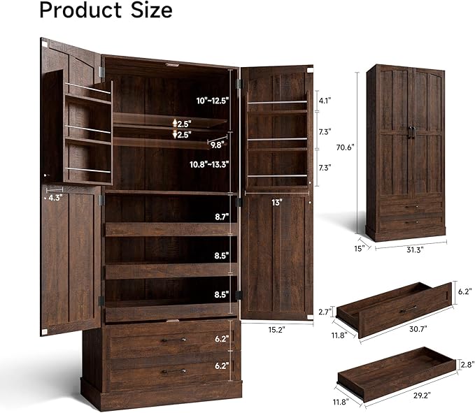 ONBRILL 71" Tall Farmhouse Kitchen Pantry Cabinet with 3 Pull Out Shelves & 2 Large Drawers, Pantry Storage Cabinet with 6 Door Shelf & Adjustable Shelf, Freestanding Cupboard for Kitchen, Dining Room