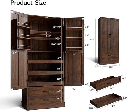 ONBRILL 71" Tall Farmhouse Kitchen Pantry Cabinet with 3 Pull Out Shelves & 2 Large Drawers, Pantry Storage Cabinet with 6 Door Shelf & Adjustable Shelf, Freestanding Cupboard for Kitchen, Dining Room