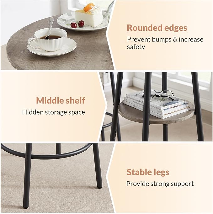 Zevemomo 3 Pieces Round Bar Table Set, Small Dining Table for 2, Breakfast Table with Storage, Modern Kitchen Bar Table, 2 Upholstered Stools with Backrest for Kitchen, Dining Room & Bistro-Grey