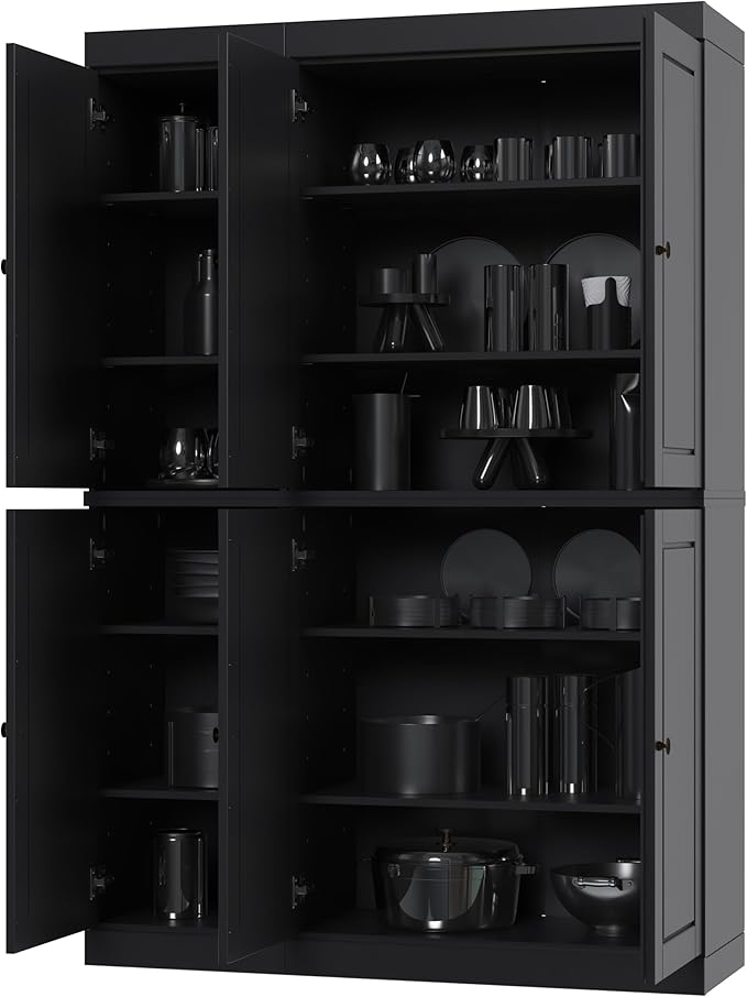 Palace Imports Solid Wood Kitchen Pantry Cabinet 71.5" Tall, 48.5" Wide – Freestanding Storage Cabinet with Adjustable Shelves – Black, Renewable Eco-Friendly 100% Wood, Made in Brazil