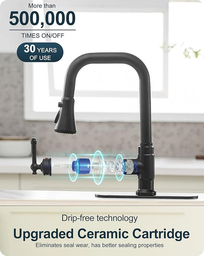 3 Function Black Kitchen Sink Faucet, 360 Degree Swivel Kitchen Faucets with Pull Down Sprayer, Single Handle with Deck Plate for 1 or 3 Hole, Stainless Steel