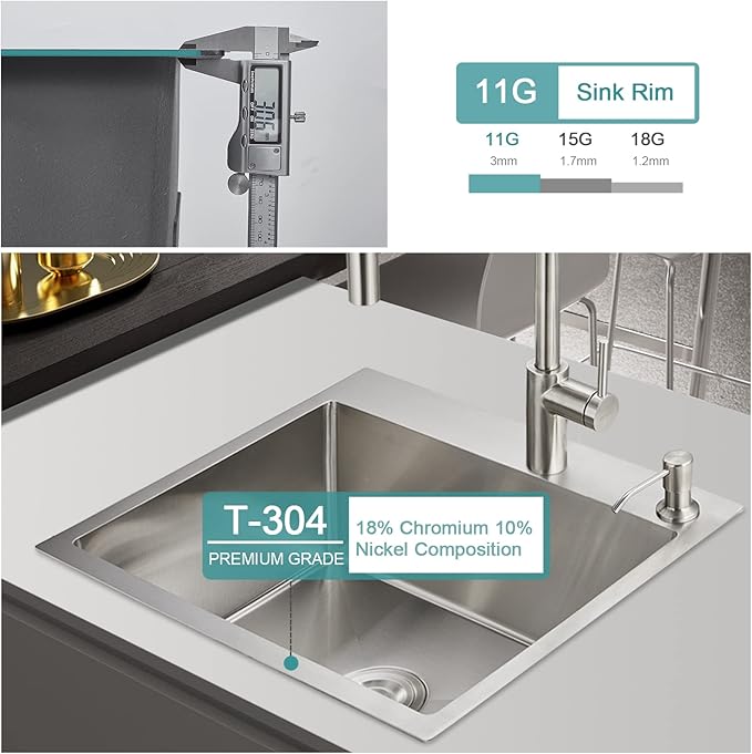 24x18 inch Drop in Kitchen Sink - Top mount Bar Sink Single Bowl, 9 inch Deep T304 Stainless Steel Sink Handmade with Strainer