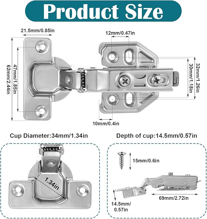 24 Pack Full Overlay Soft Close Cabinet Hinges, 105° Concealed Hidden Hinges with Clip-On Plates, 3D Adjustable for Frameless & Face Frame Cabinets - Silver