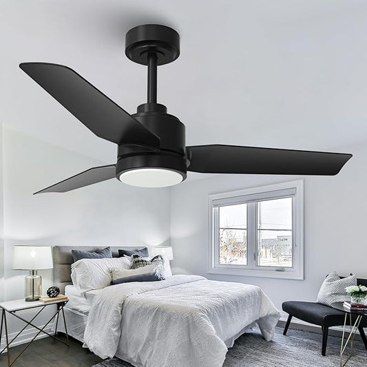 42 Inch Black Ceiling Fans with Lights and Remote/APP, Modern Ceiling Fan for Living Room Outdoor Ceiling Fan 6-Speed Adjustable Reversible DC Motor Timer Noiseless 3CCT Dimmable for Bedroom Office