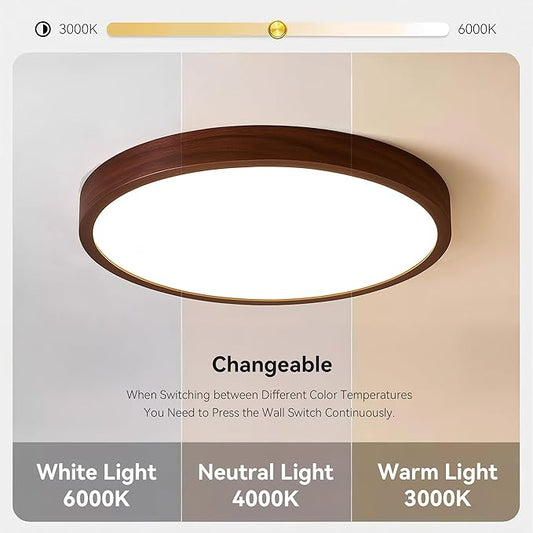 LED Ceiling Light Fixture 15.74, Handcrafted Walnut Wood Modern Wabi-Sabi Style, 42W LED 3000K-4000K-6000K, Low Profile Lamp for Bedroom Kitchen Hallway Dining