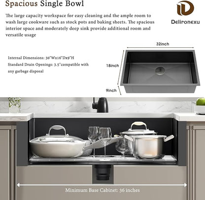 32 Inch Black Kitchen Sink Undermount - Delironexu Undermount Kitchen Sink Black, 16 Gauge Stainless Steel kitchen Sinks Single Bowl, 32''x18'' black Stainless Steel sink with 4 Accessories