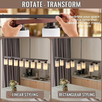 8-Light Kitchen Island Lighting & Farmhouse Dining Room Light Fixtures Over Table, 60inch Rustic Linear Chandelier Adjustable Ceiling Hanging Pendant - Rotating Design, Customizable Shapes, Milk Glass