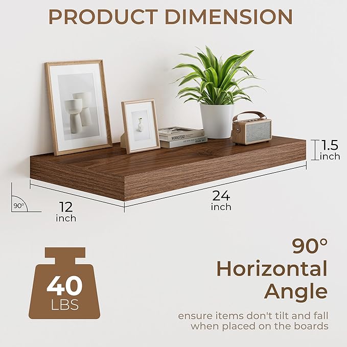 RICHFOCUS Deep Floating Shelves for Wall 2 Pack 12" D 24 Inch Wall Shelves for Room Wall|Wood Hanging Shelf with Invisible Brackets for Bathroom Bedroom Kitchen Laundry Room, Walnut