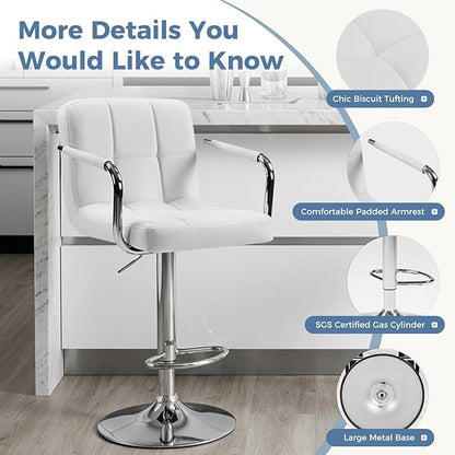 DUMOS Bar Stools Set of 2, Adjustable Swivel Bar Chairs with Padded Armrests and Ergonomic Backrest for Kitchen Island Counter Pub Dining Room, Water-Resistant PU Leather, White