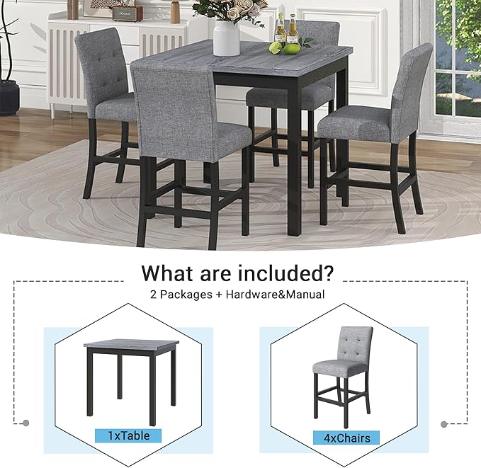 Virubi 5-Piece Dining Table Set for 4 with Chairs, Modern Square Solid Wood Kitchen Table Set with Upholstered High-Back Stools w/Footrest for Home Kitchen Dining Room, Black