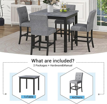 Virubi 5-Piece Dining Table Set for 4 with Chairs, Modern Square Solid Wood Kitchen Table Set with Upholstered High-Back Stools w/Footrest for Home Kitchen Dining Room, Black