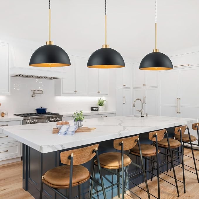 2 Pack Farmhouse Kitchen Island Pendant Lights, Black and Gold Dome Pendant Light Fixture with Metal Shade, Industrial Hanging Lighting for Dining Room Entryway Foyer, Height Adjustable
