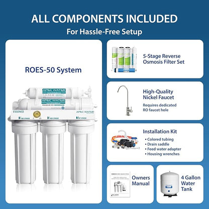 APEC Water ROES-50, 5-Stage Under Sink Reverse Osmosis Water Filter System, NSF Certified 372 & 58, 50 GPD, Reduces 99% of Impurities