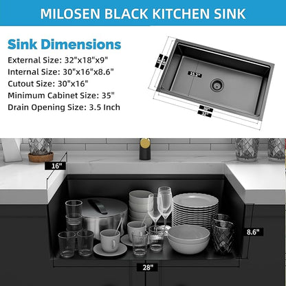 MILOSEN Black Undermount Kitchen Sink, 32x18 Inch T304 Black Stainless Steel Workstation Sink, 9 Inch Deep Single Bowl Kitchen Sink with Bottom Grid and Strainer, Modern Large Kitchen Sink