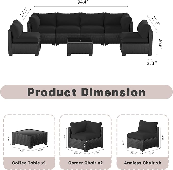 Patio Furniture Set, 7-Piece Outdoor Sectional Couch with Coffee Table & Thick Cushions, Outdoor Wicker Conversation Set for Backyard, Poolside, Garden (Black-Black, 7 Piece-Single)