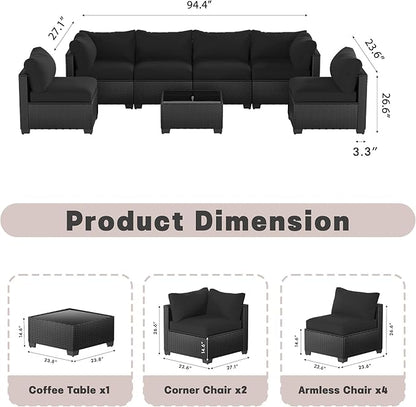 Patio Furniture Set, 7-Piece Outdoor Sectional Couch with Coffee Table & Thick Cushions, Outdoor Wicker Conversation Set for Backyard, Poolside, Garden (Black-Black, 7 Piece-Single)